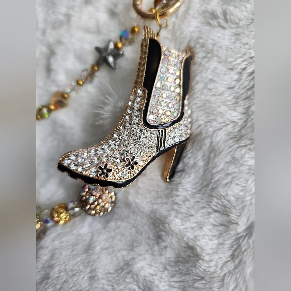 Gold and Brown Beaded Bag Charm Chain And Keychain Set Studded Boot Animal Print